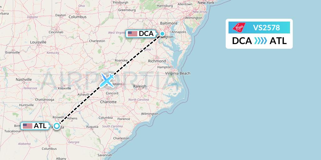 VS2578 Virgin Atlantic Airways Flight Map: Washington to Atlanta