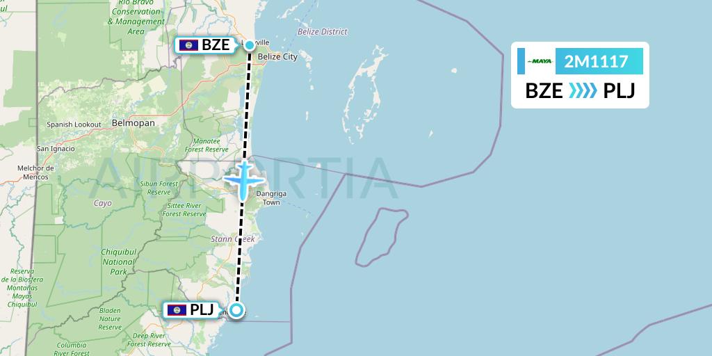 2M1117 Maya Island Air Flight Map: Belize City to Placencia