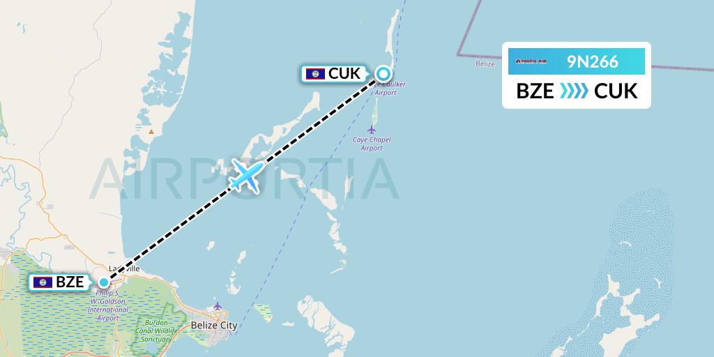 9N266 Tropic Air Flight Map: Belize City to Caye Caulker