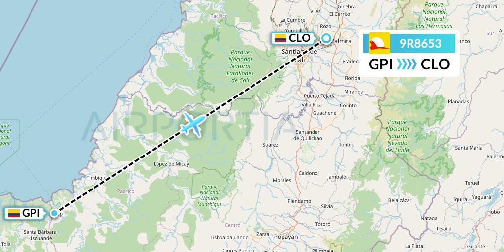9R8653 Satena Flight Map: Guapi to Cali
