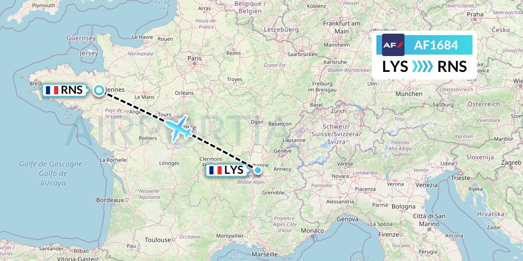 AF1684 Air France Flight Map: Lyon to Rennes
