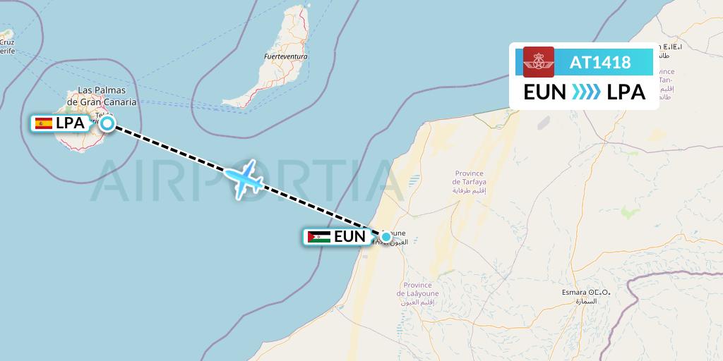 AT1418 Royal Air Maroc Flight Map: El Aaiun to Las Palmas