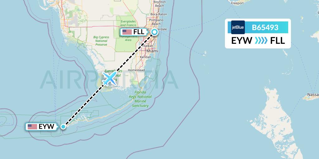 B65493 JetBlue Airways Flight Map: Key West to Fort Lauderdale