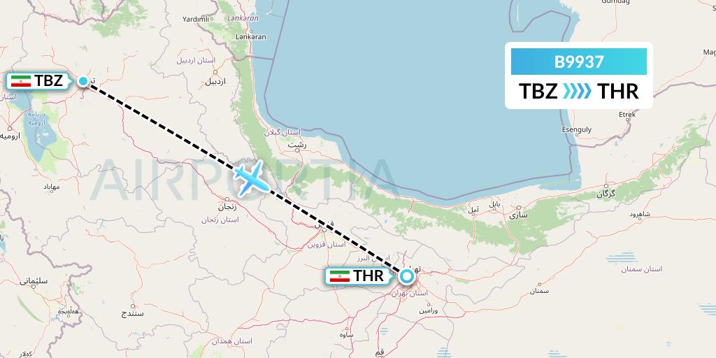 B9937 Iran Air Tours Flight Map: Tabriz to Tehran
