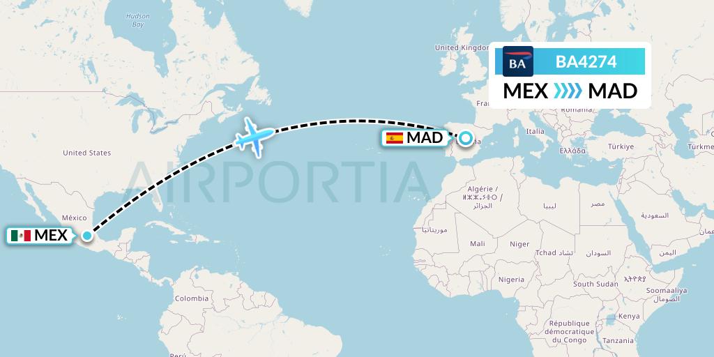 BA4274 British Airways Flight Map: Mexico City to Madrid