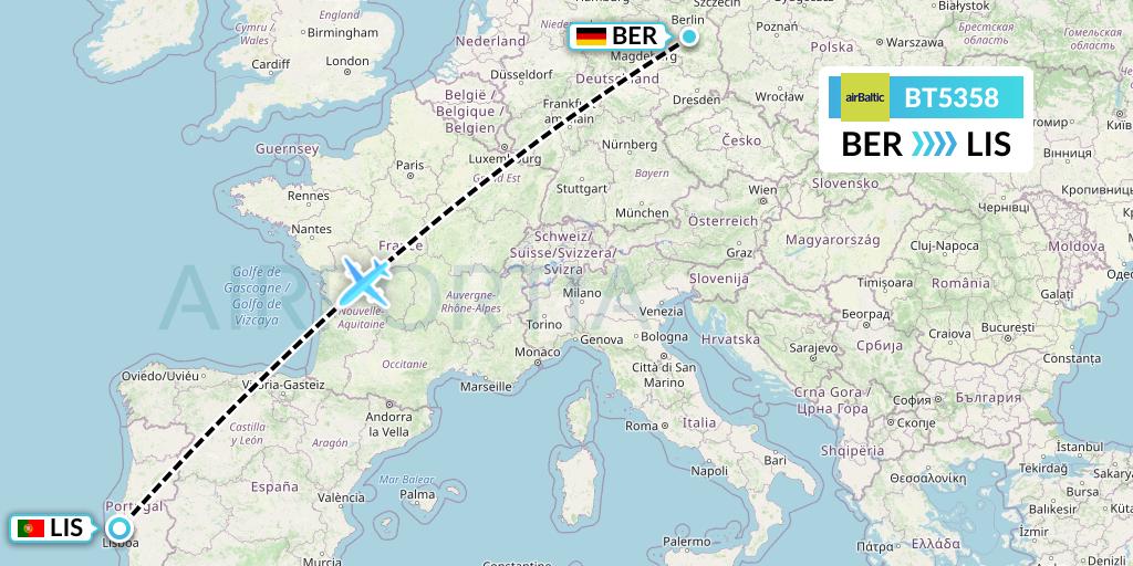 BT5358 Air Baltic Flight Map: Berlin to Lisbon
