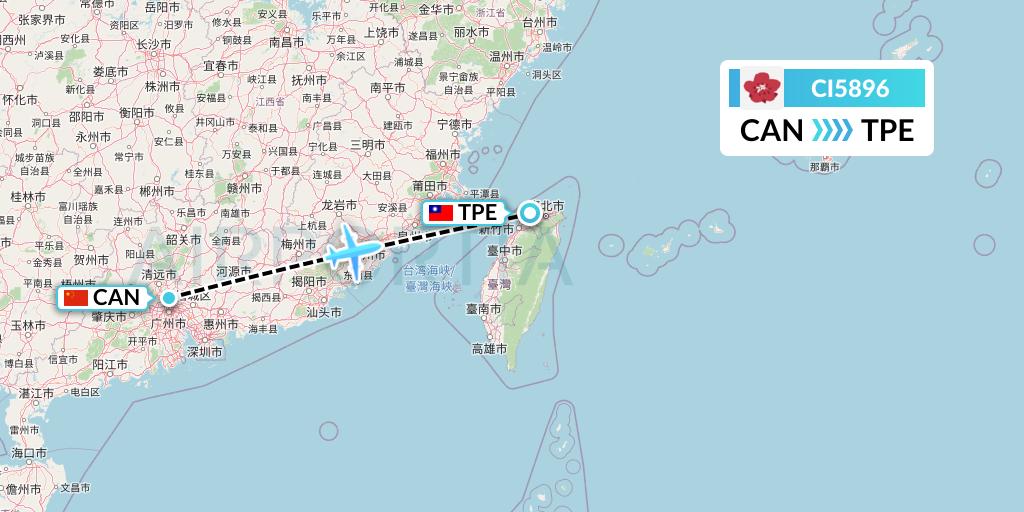 CI5896 China Airlines Flight Map: Guangzhou to Taipei