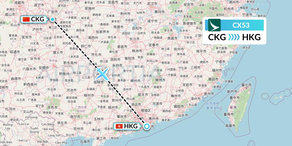 CX53 Cathay Pacific Flight Map: Chongqing to Hong Kong