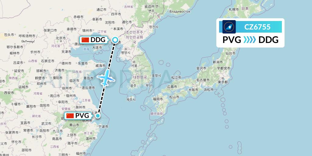 CZ6755 China Southern Airlines Flight Map: Shanghai to Dandong