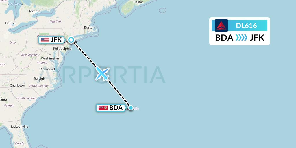 DL616 Delta Air Lines Flight Map: Bermuda to New York