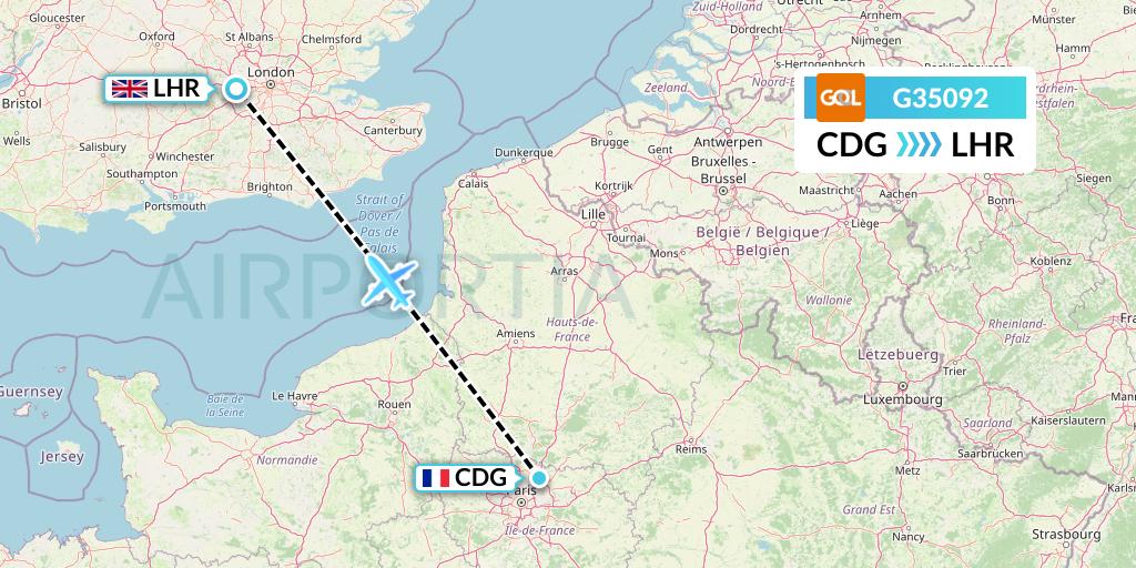 G35092 GOL Transportes Aeros Flight Map: Paris to London