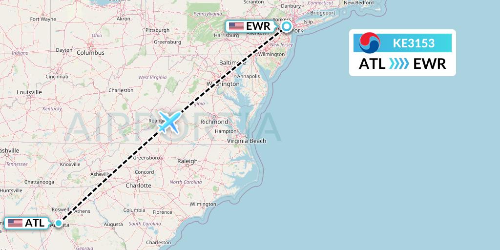 KE3153 Korean Air Flight Map: Atlanta to New York