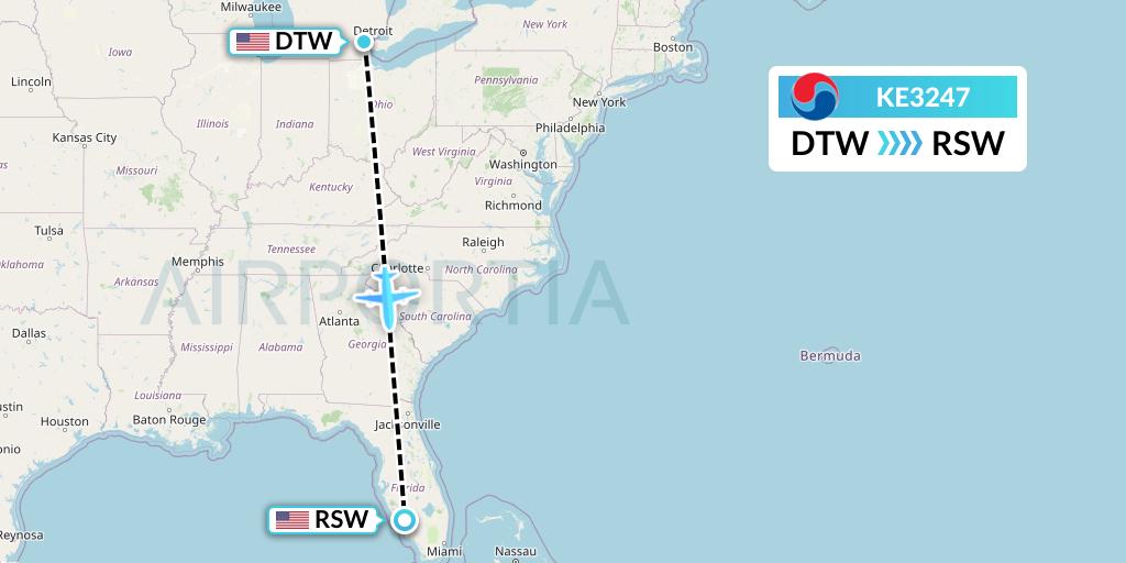 KE3247 Korean Air Flight Map: Detroit to Fort Myers