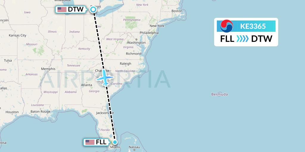 KE3365 Korean Air Flight Map: Fort Lauderdale to Detroit