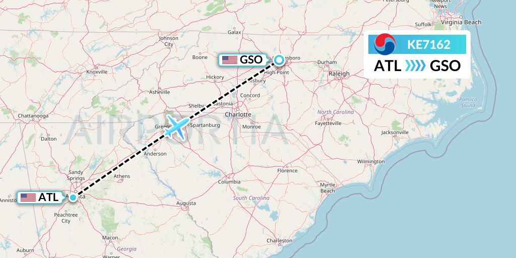 KE7162 Korean Air Flight Map: Atlanta to Greensboro