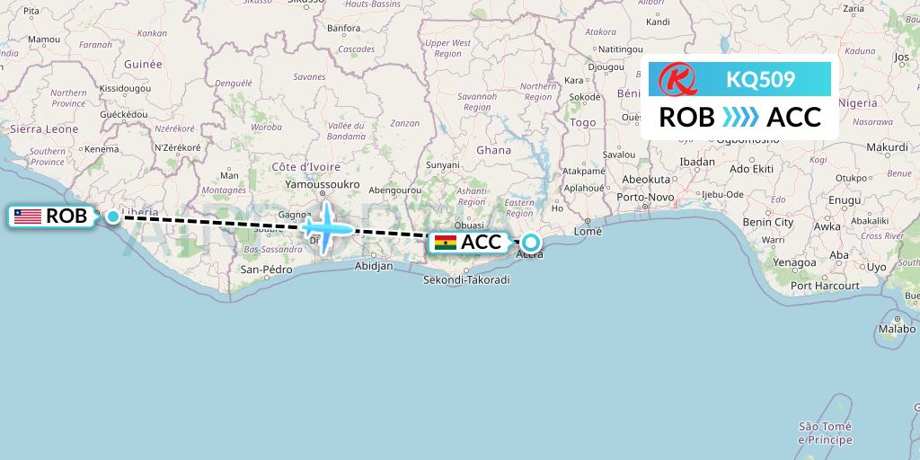 KQ509 Kenya Airways Flight Map: Monrovia to Accra