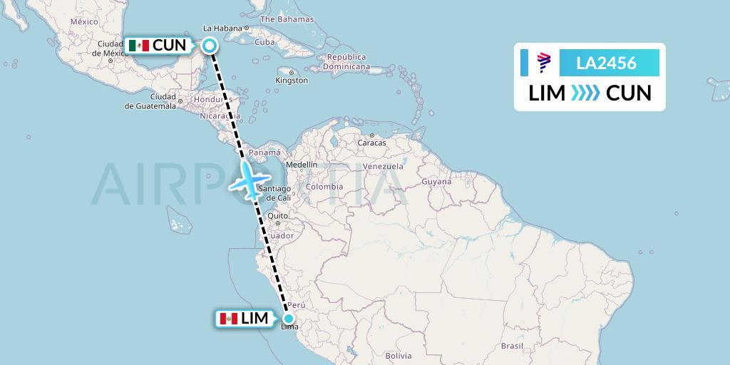 LA2456 LAN Airlines Flight Map: Lima to Cancun