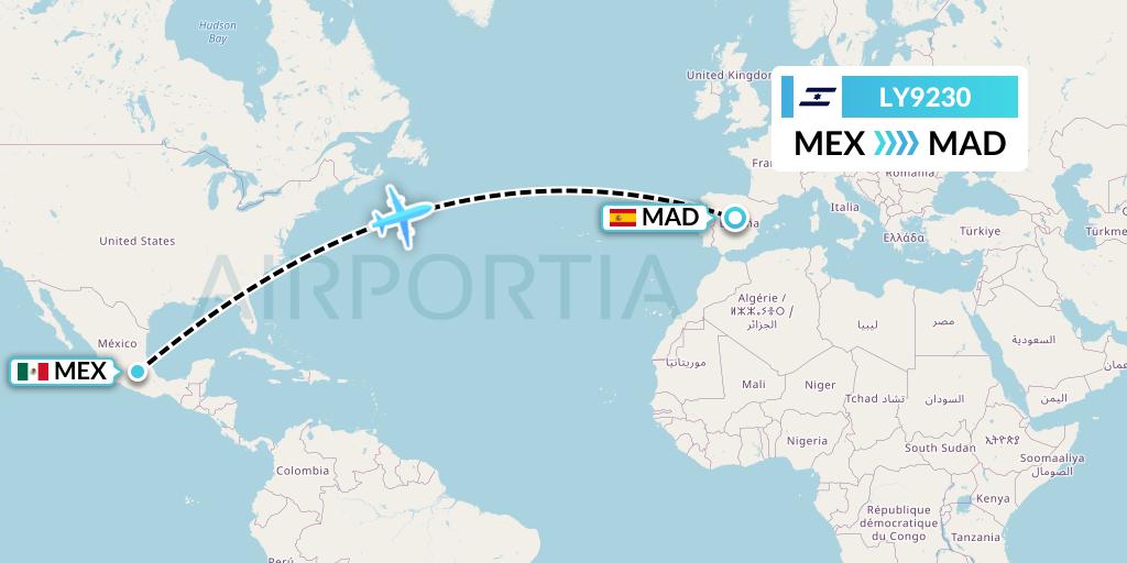 LY9230 El Al Flight Map: Mexico City to Madrid