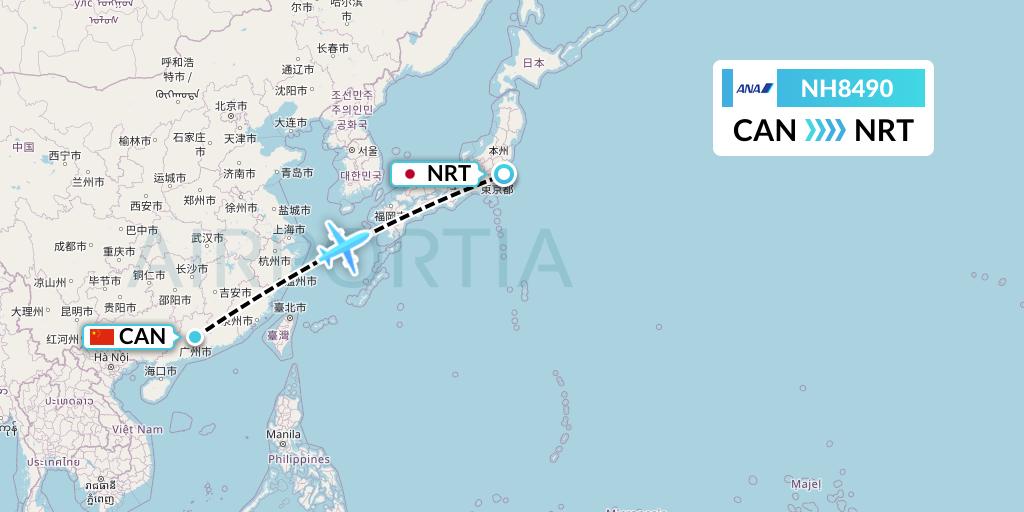 NH8490 All Nippon Airways Flight Map: Guangzhou to Tokyo