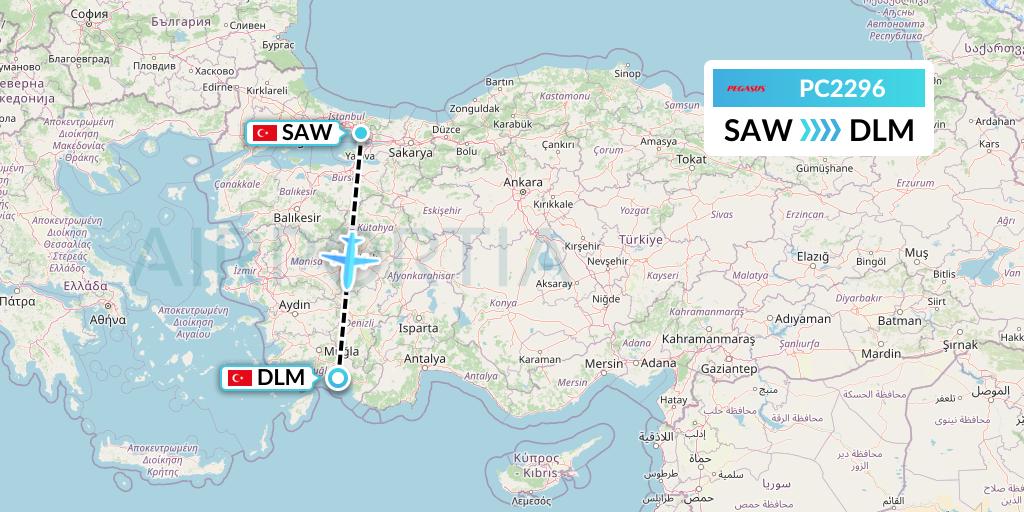 PC2296 Pegasus Airlines Flight Map: Istanbul to Dalaman