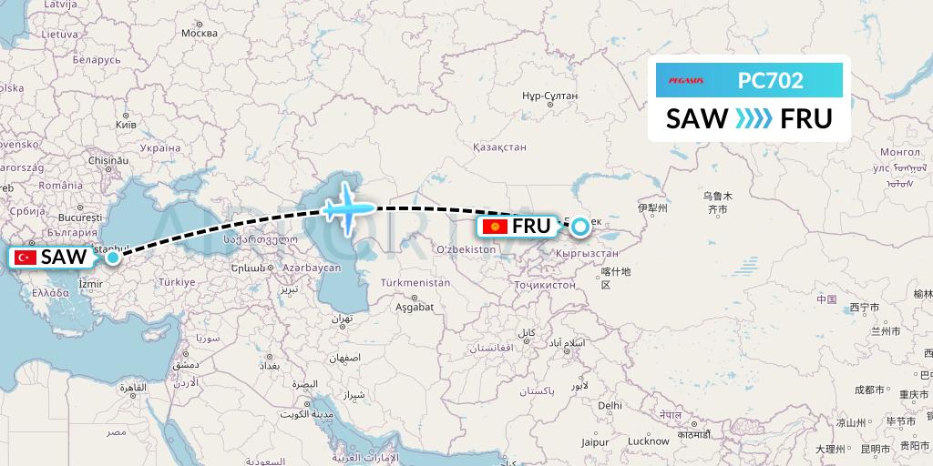 PC702 Pegasus Airlines Flight Map: Istanbul to Bishkek