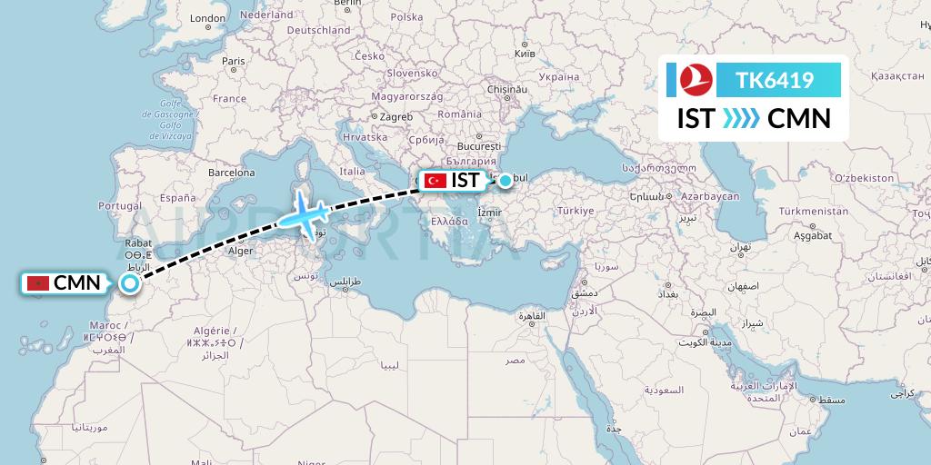 TK6419 Turkish Airlines Flight Map: Istanbul to Casablanca