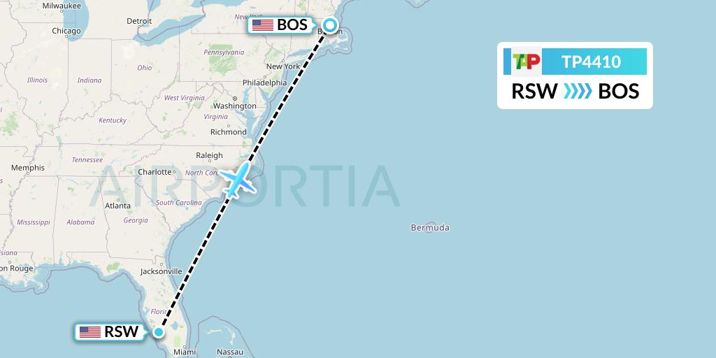 TP4410 TAP Portugal Flight Map: Fort Myers to Boston