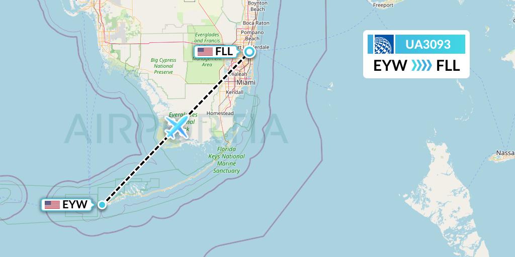 UA3093 United Airlines Flight Map: Key West to Fort Lauderdale
