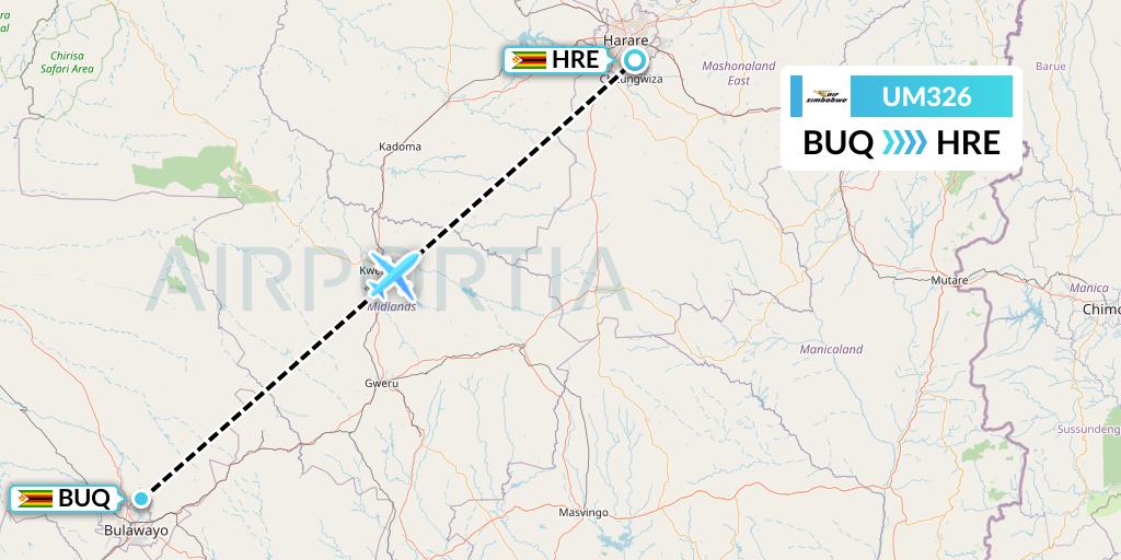 UM326 Air Zimbabwe Flight Map: Bulawayo to Harare