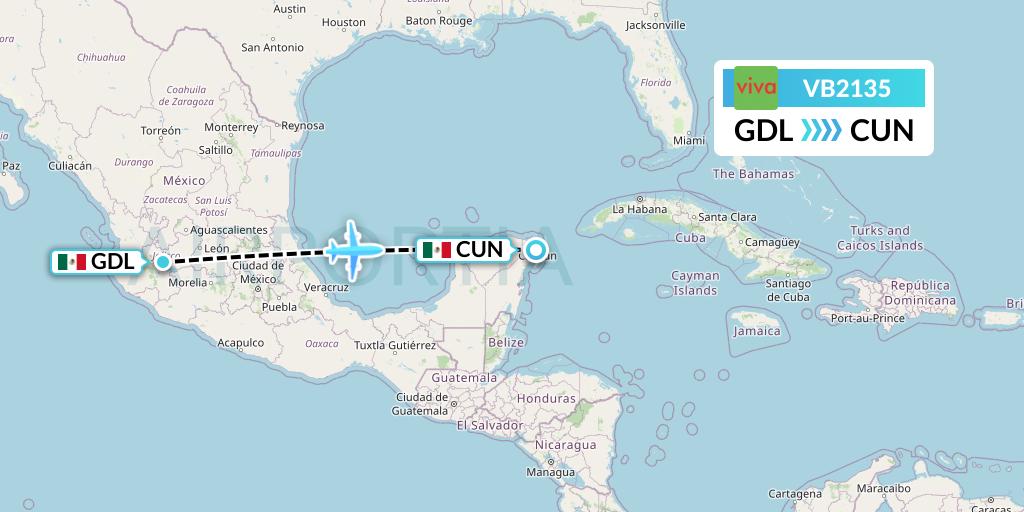 VB2135 VivaAerobus Flight Map: Guadalajara to Cancun