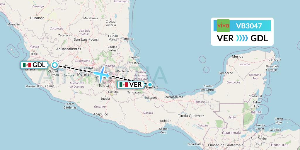 VB3047 VivaAerobus Flight Map: Veracruz to Guadalajara