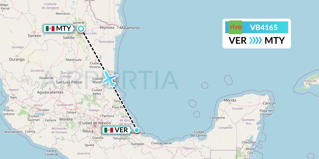 VB4165 VivaAerobus Flight Map: Veracruz to Monterrey