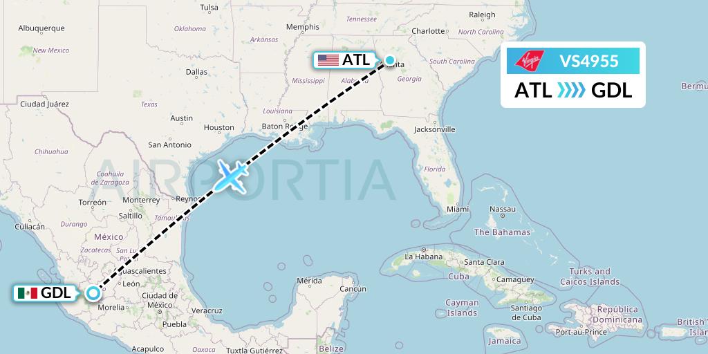 VS4955 Virgin Atlantic Airways Flight Map: Atlanta to Guadalajara