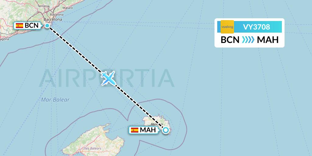 VY3708 Vueling Flight Map: Barcelona to Mahon
