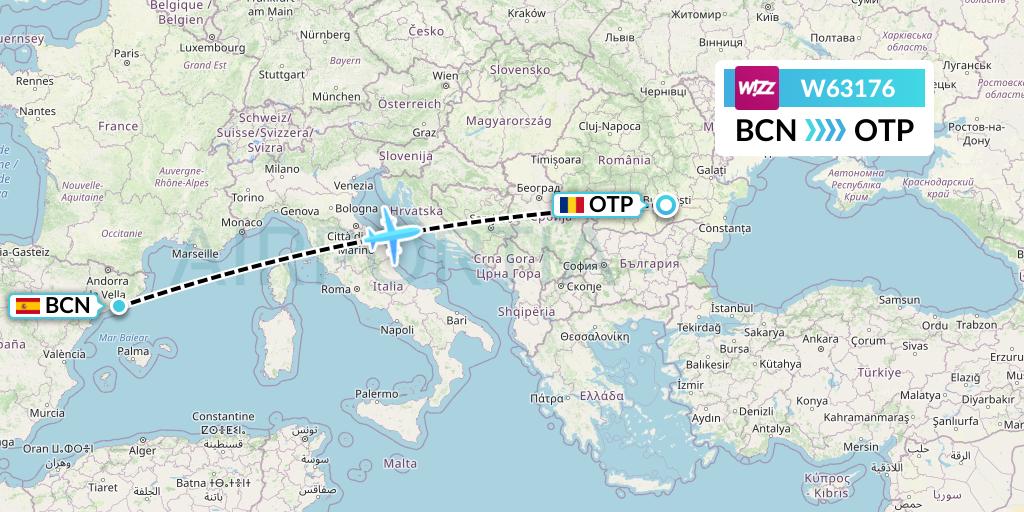 W63176 Wizz Air Flight Map: Barcelona to Bucharest