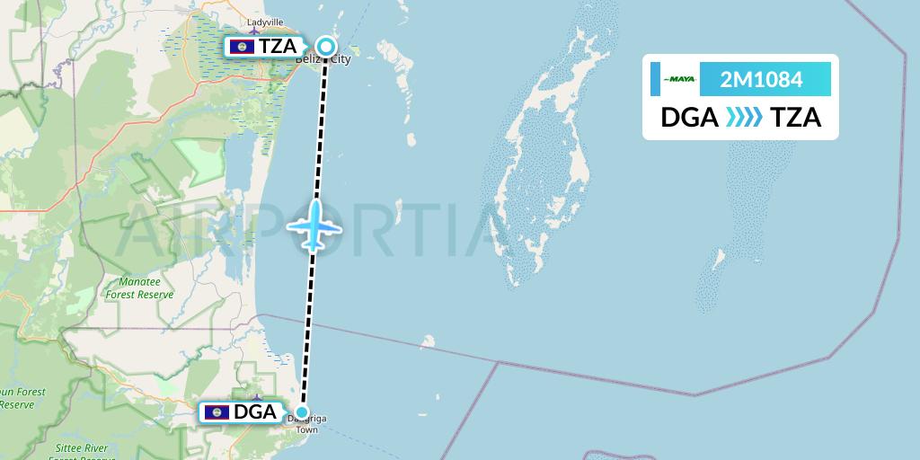 2M1084 Maya Island Air Flight Map: Dangriga to Belize City