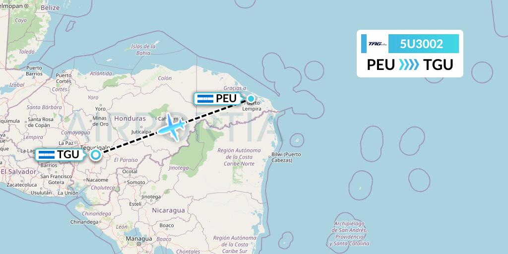 5U3002 TAG Airlines Flight Map: Puerto Lempira to Tegucigalpa
