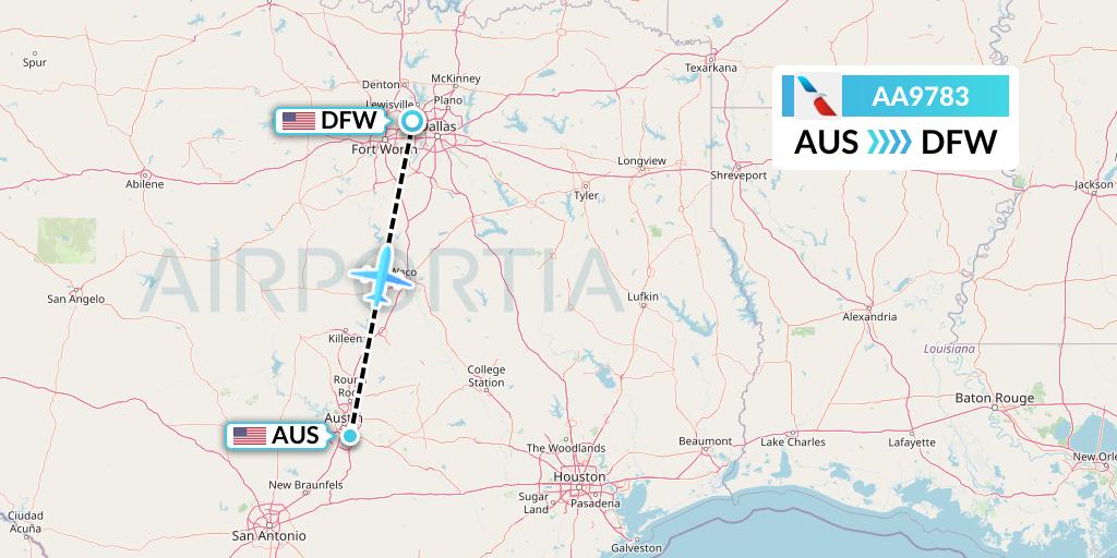 AA9783 American Airlines Flight Map: Austin to Dallas