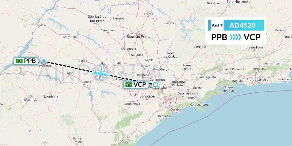 AD4520 Azul Brazilian Airlines Flight Map: Presidente Prudente to Campinas