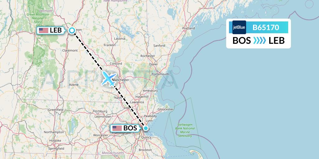 B65170 JetBlue Airways Flight Map: Boston to Lebanon