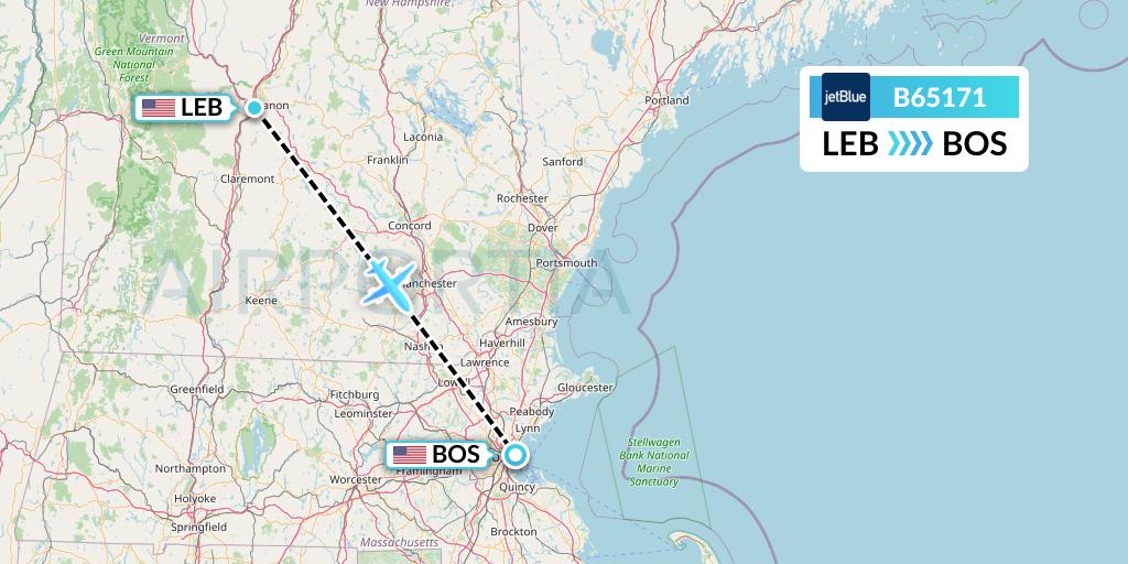 B65171 JetBlue Airways Flight Map: Lebanon to Boston