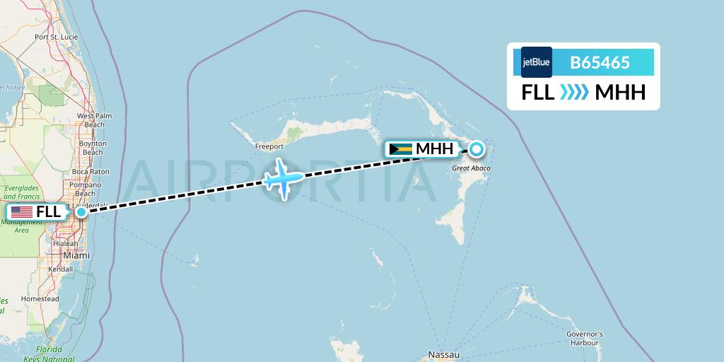 B65465 JetBlue Airways Flight Map: Fort Lauderdale to Marsh Harbour