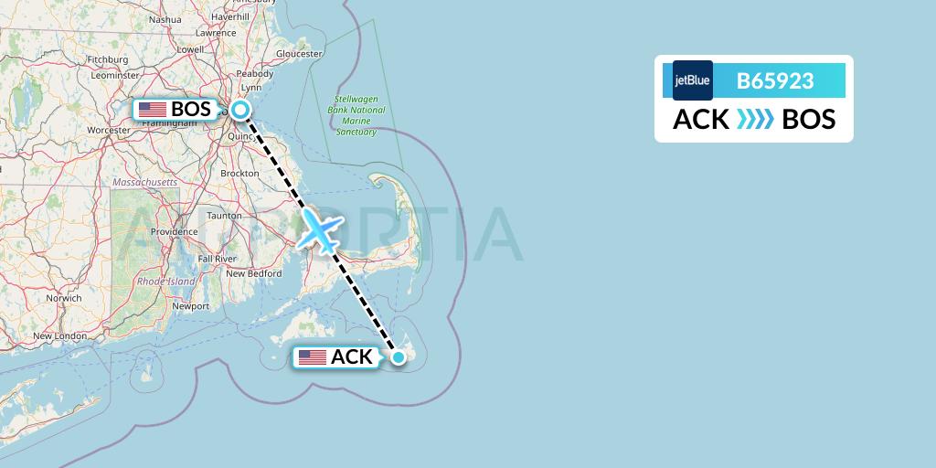 B65923 JetBlue Airways Flight Map: Nantucket to Boston
