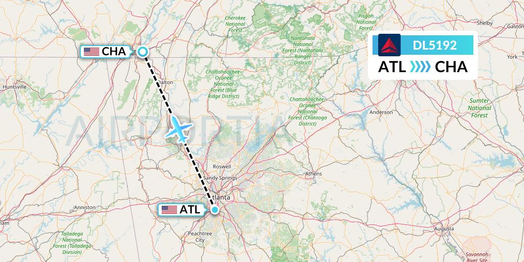 DL5192 Delta Air Lines Flight Map: Atlanta to Chattanooga
