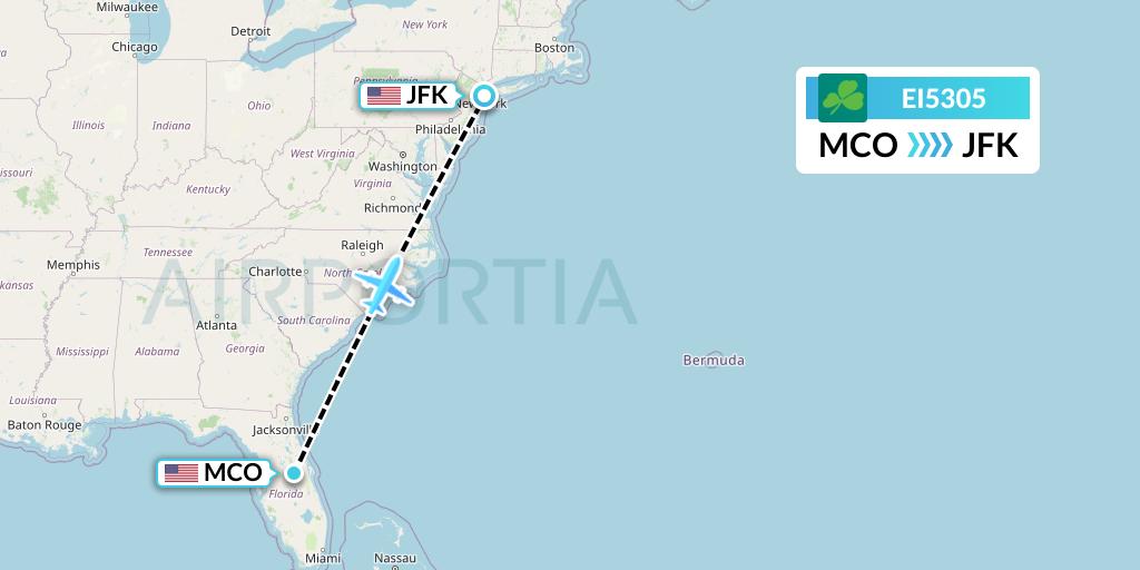 EI5305 Aer Lingus Flight Map: Orlando to New York