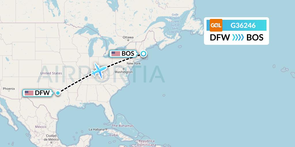 G36246 GOL Transportes Aeros Flight Map: Dallas to Boston