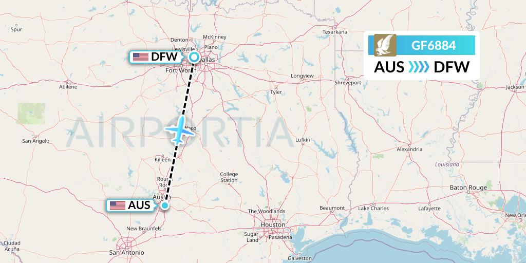 GF6884 Gulf Air Flight Map: Austin to Dallas