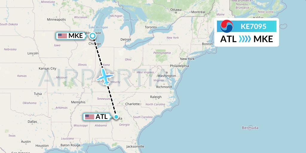 KE7095 Korean Air Flight Map: Atlanta to Milwaukee