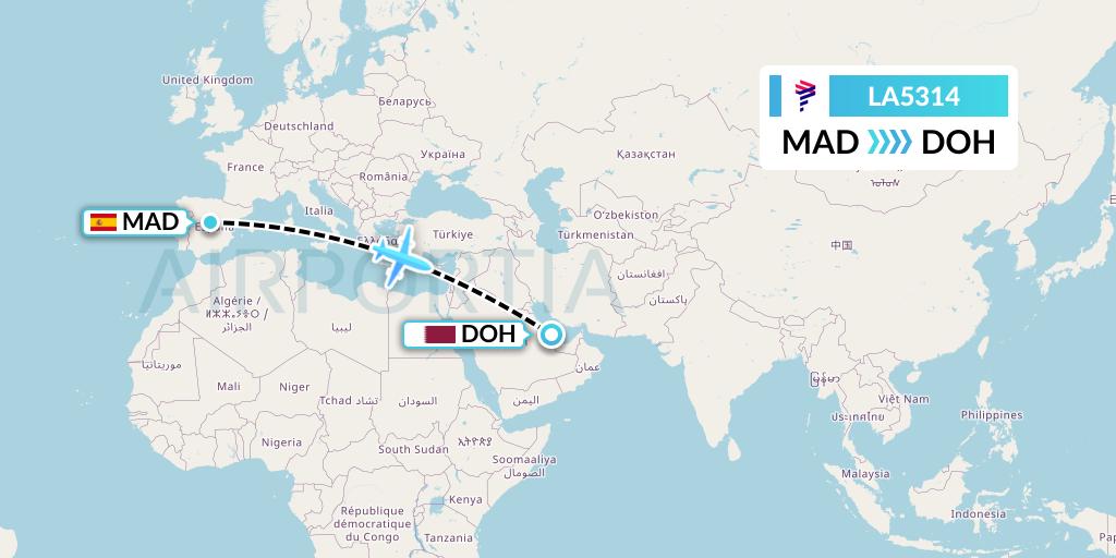 LA5314 LAN Airlines Flight Map: Madrid to Doha