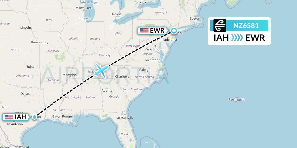 NZ6581 Air New Zealand Flight Map: Houston to New York